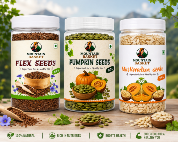 Mountain Basket Super Seeds Combo Pack (Flax Seeds 200g + Pumpkin Seeds 200g + Muskmelon Seeds 200g